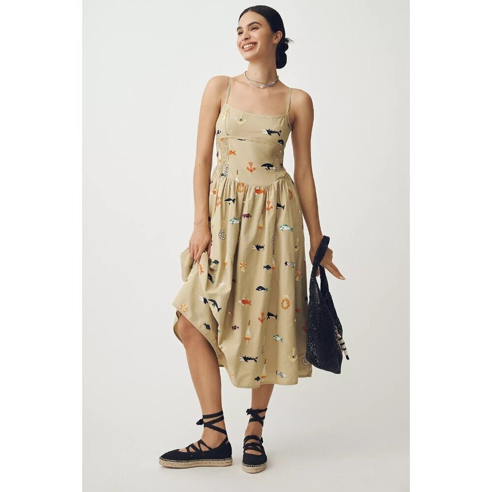 Maeve Sleeveless Square-Neck Drop-Waist Midi Dress Fish Embroidered 3X
